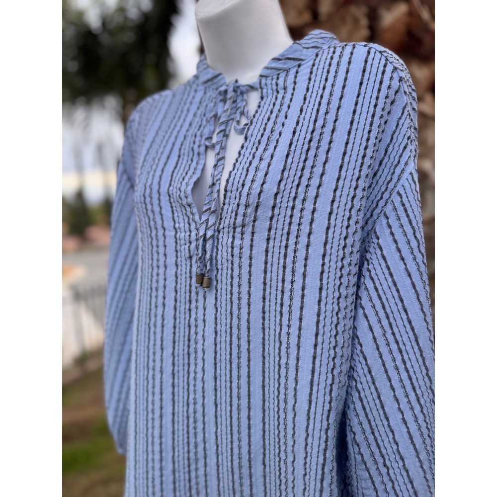 Free People Blue Striped Tunic Top XS Balloon Sleeve Boho VNeck Tie Front Blouse - Picture 7 of 12